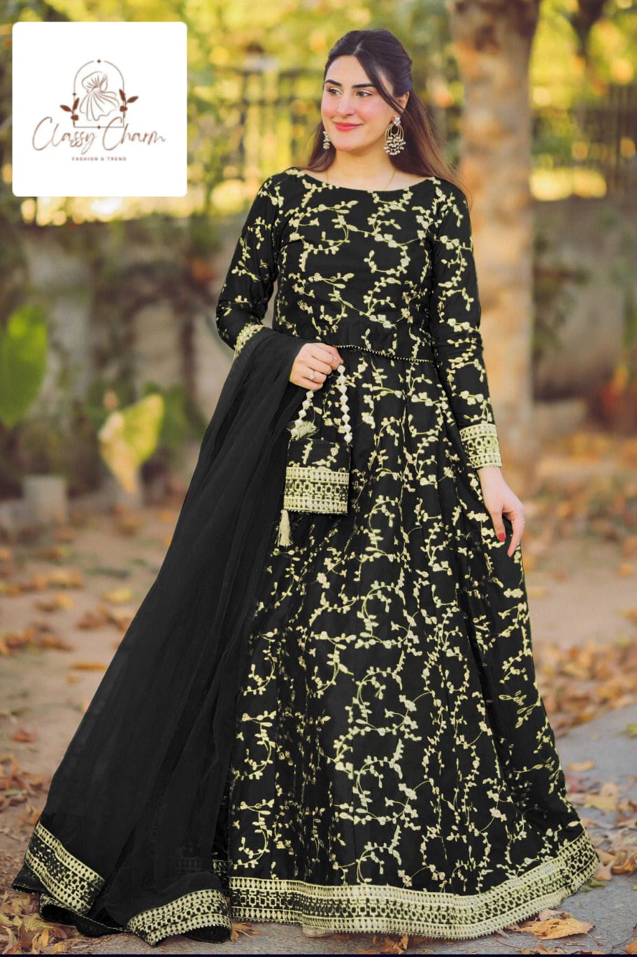 4 PIECE EMBROIDERED TOP WITH LONG FLARE EMBROIDERY SKIRT AND FOUR SIDE BORDER EMBROIDERED DUPATTA WITH EIDI POTLI